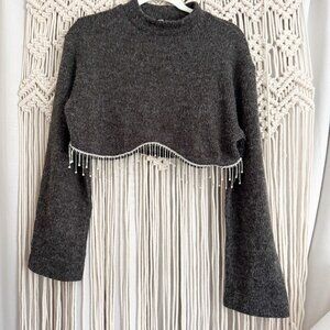 Zara Cropped Rhinestone Sweater Size Medium Good Used Condition